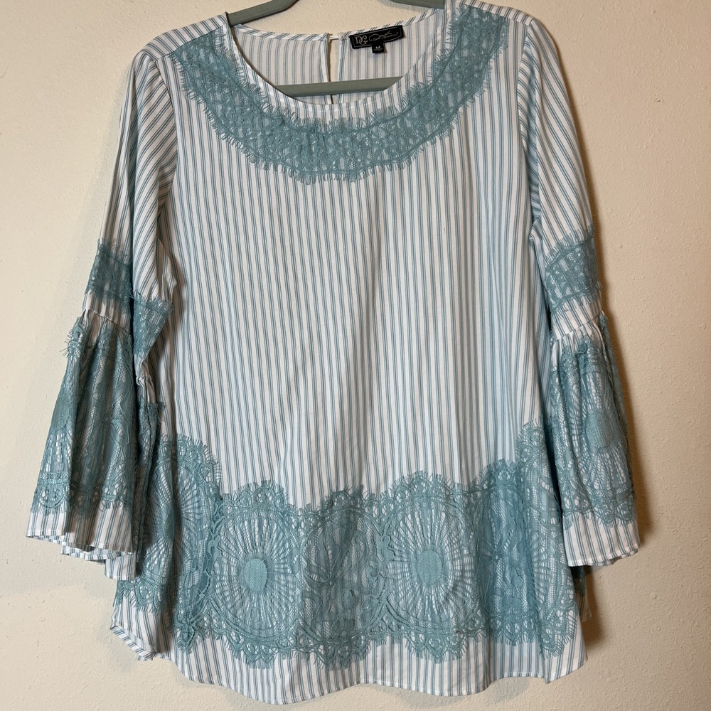 DG2 Diane Gilman Lace Trim 3/4 Flare Sleeve BOHO Linen Stripe Tunic Top Teal Med